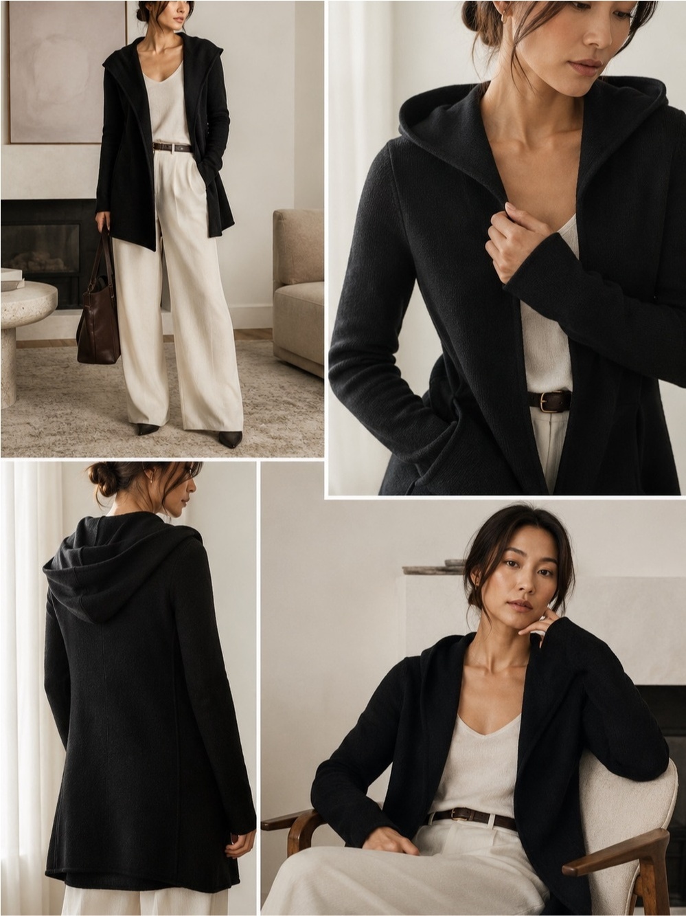 Vince Black Wool Open Cardigan Hoodie XS Quiet Luxury Minimal Fall Winter Layer